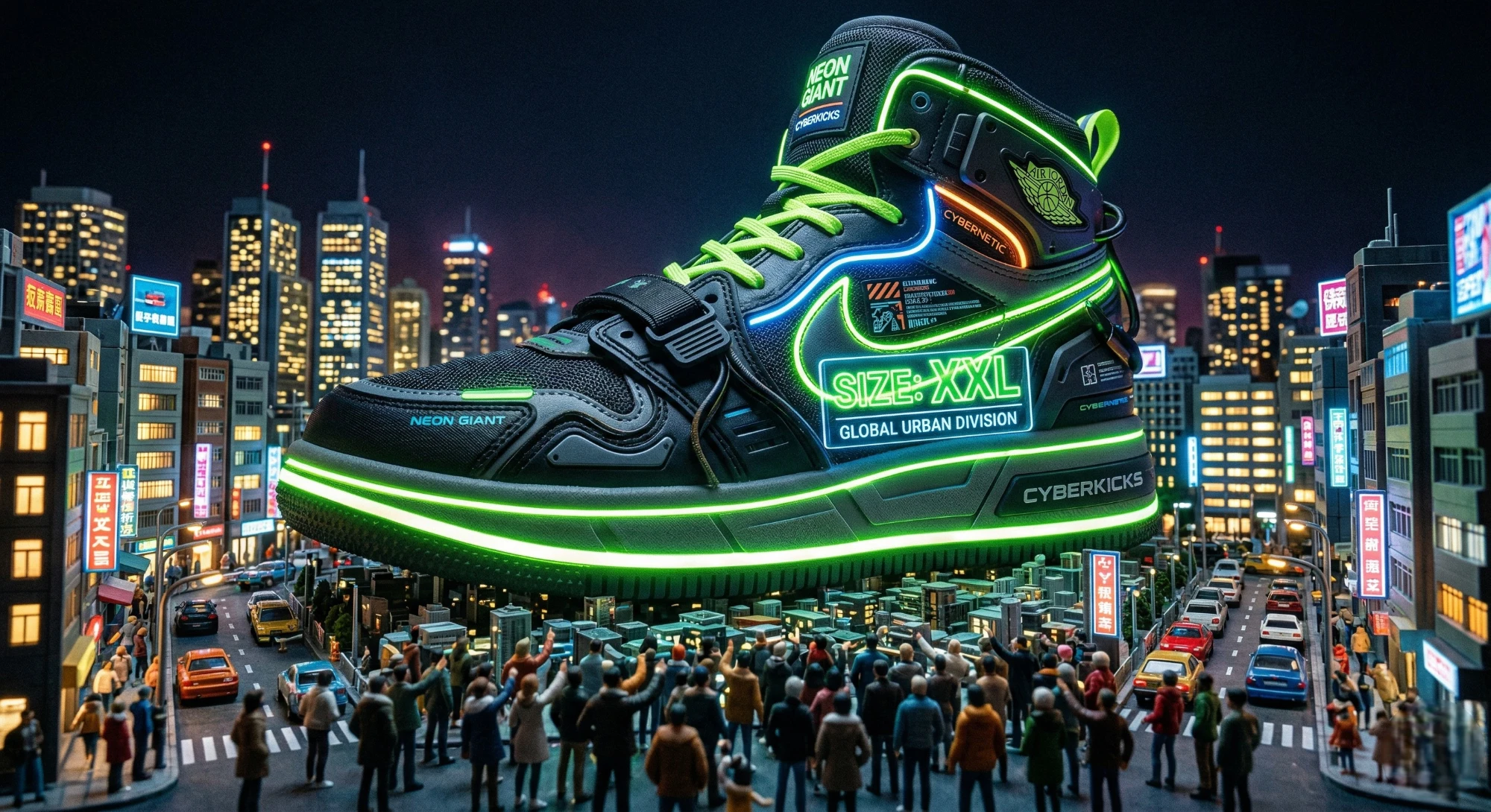 Sneaker cyberpunk géante